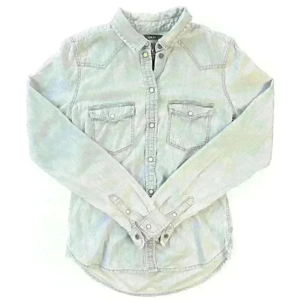 American Eagle Womens Pearl Snap Western Slim Fit Denim Button Up Sz XXS